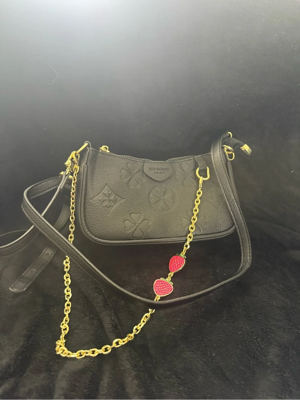 Black Embossed vegan Leather Crossbody Bag with Gold Chain